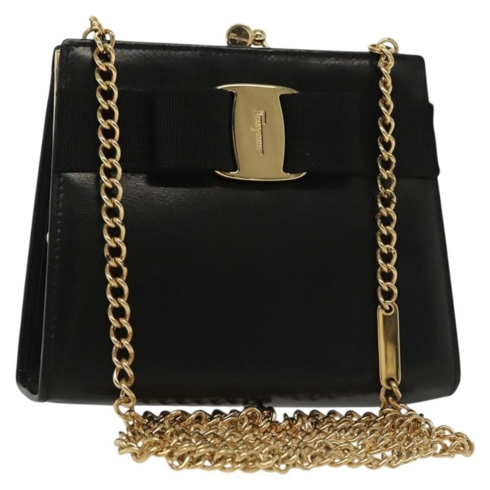 Authentic Salvatore Ferragamo Chain Vala Shoulder Bag Leather Black Gold